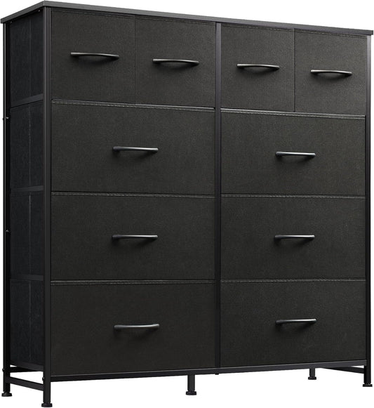 Dresser for Bedroom with 10 Fabric Drawers, Tall Chest Organizer Units for Clothing, Closet, Storage Tower with Cabinet, Metal Frame, Wooden Top, Black Dresser for Living Room