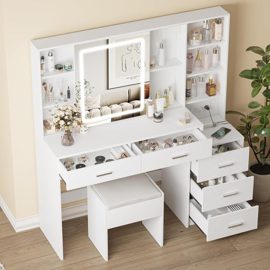 Vanity Desk with Mirror and Lights, Makeup Vanity with 5 Drawers, Makeup Desk with Charging Station and Ample Storage, Dressing Table with Chair for Bedroom Room (White)
