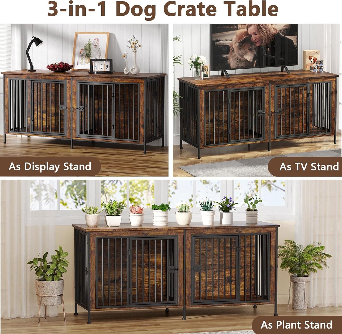 Dog Crate Furniture for 1 or 2 Dogs, Heavy Duty Single/Double Dog Crates for Small/Medium/Large Dogs, Dog Kennel Furniture Indoor as TV Stand, Large Size 78.74" L(35-60 Pounds), Brown