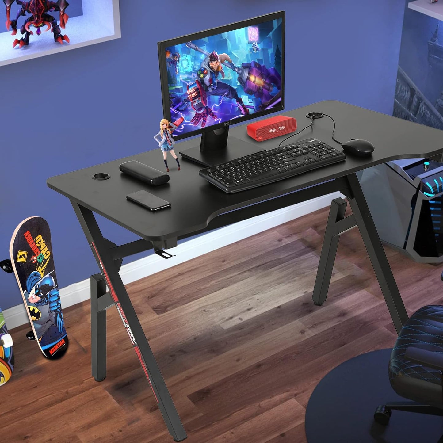 Gaming Desk 47 Inch, Ergonomic Gamer Computer Desk with Mouse Pad, K Shaped PC Gaming Tables with Cup Holder Headphone Hook,Red