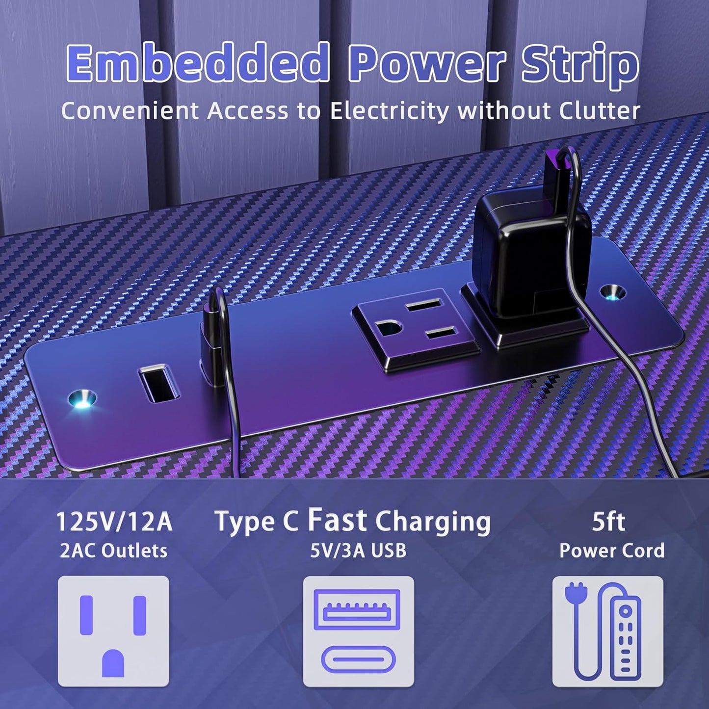 Gaming Desk with Power Outlets & LED 40 Inch Ergonomic Computer Carbon Fiber Surface Gamer Desk, Large Monitor Stand, Headphone Hook, PC Workstation for Bedroom, Black