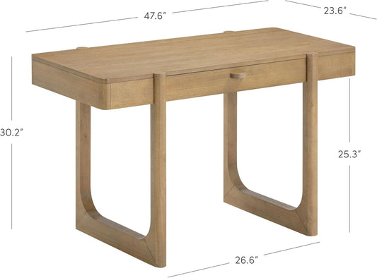 Haley Mid Century Modern Home Office Desk, Solid Wood Writing Desk with Drawer and Rounded Legs, Light Brown