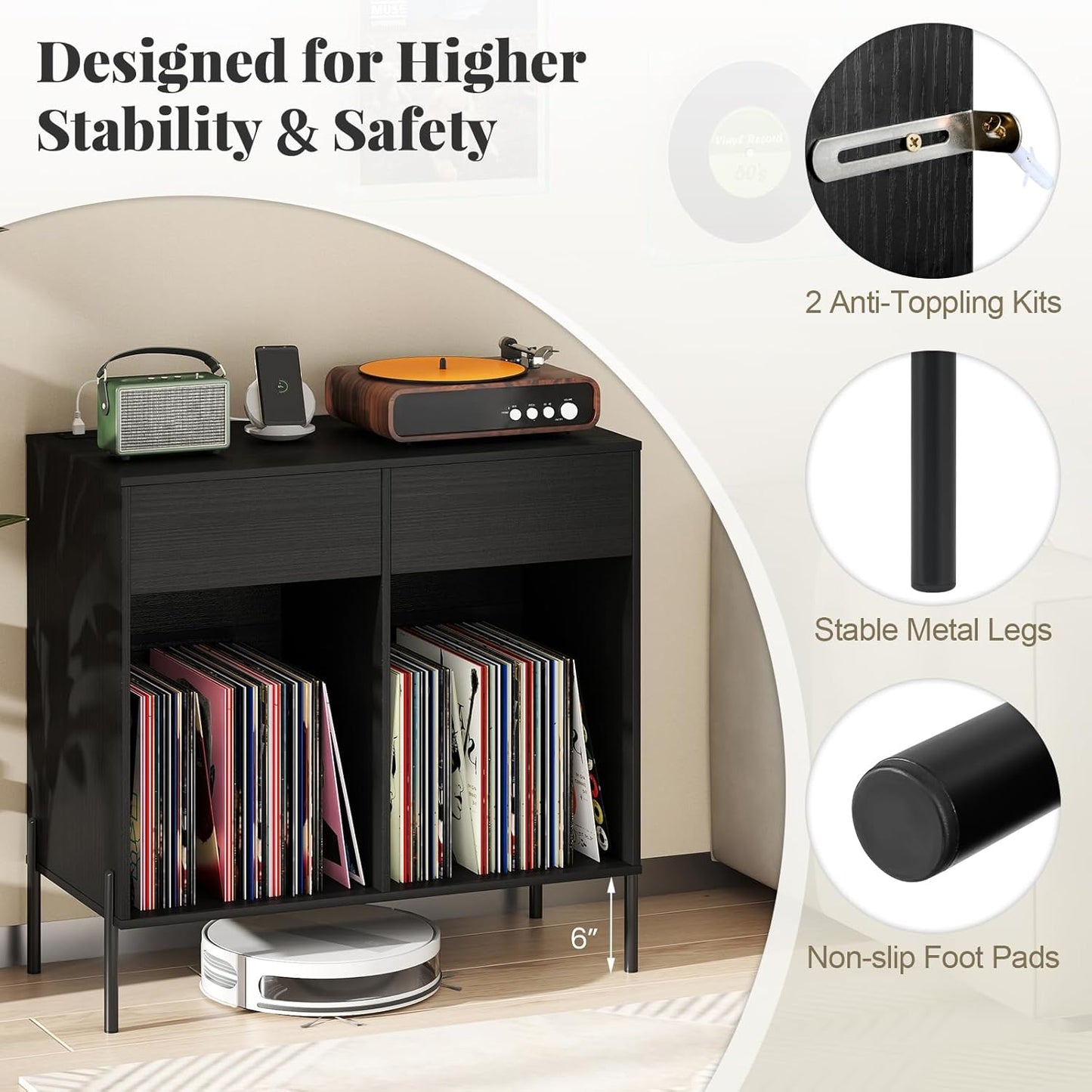 Large Record Player Stand with Charging Station, Mid Century Wood Turntable Stand with 2 Storage Drawers & Compartments, Vinyl Record Storage for Living Room (Black)