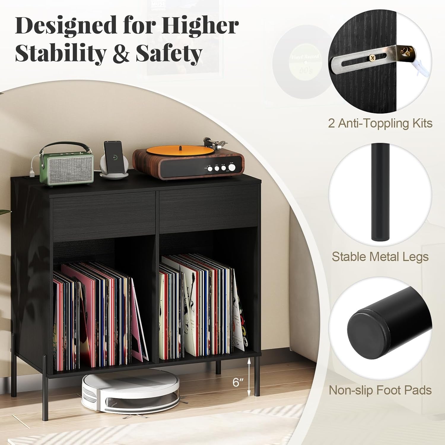 Large Record Player Stand with Charging Station, Mid Century Wood Turntable Stand with 2 Storage Drawers & Compartments, Vinyl Record Storage for Living Room (Black)