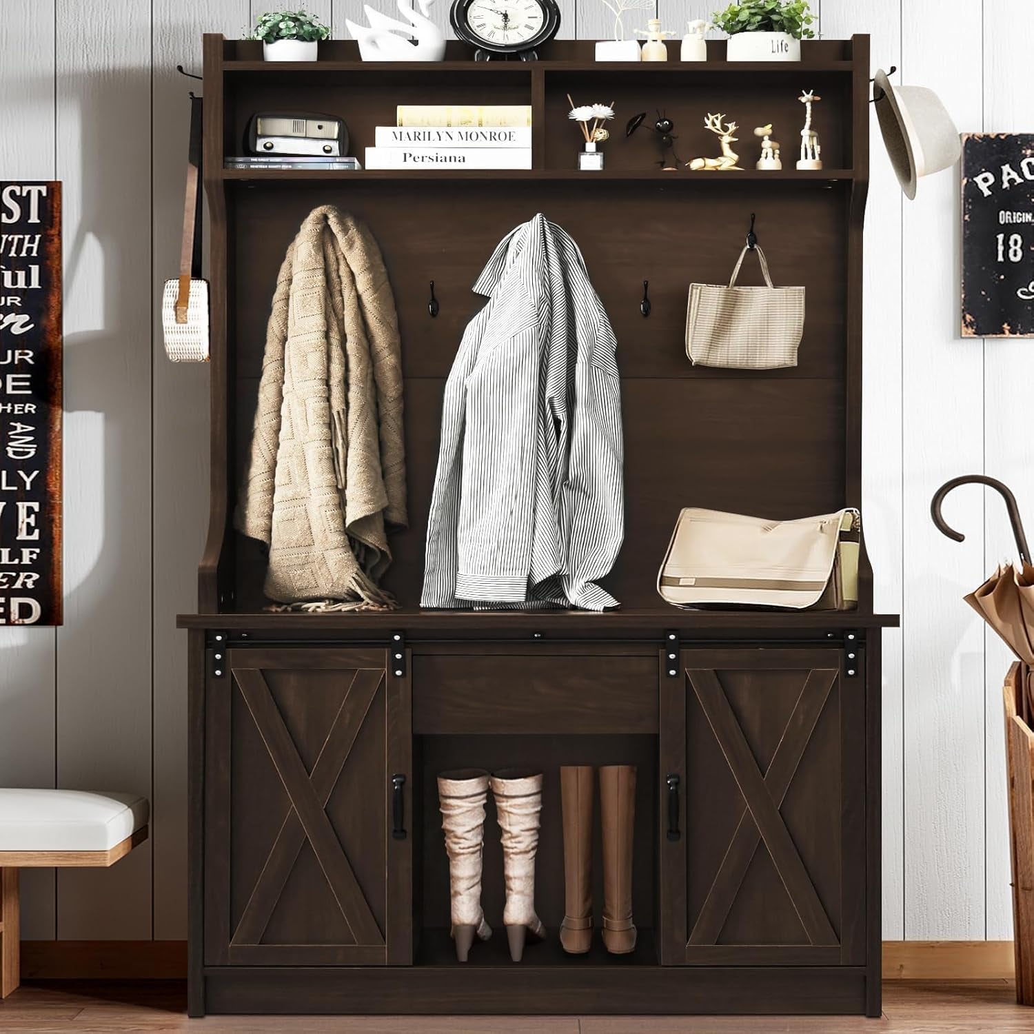 Hall Tree with Shoe Storage, 5-In-1 Entryway Bench with Storage Coat Rack, Entryway Hall Tree with Bench and Adjustable Shelf, Brown