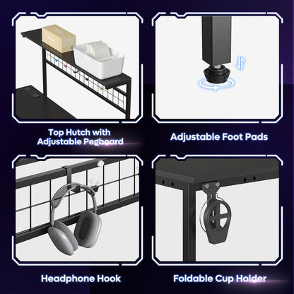 Gaming Desk 51" L-Shaped, with Power Outlets & LED Lights- 4 Tier Shelves, Reversible Gamer Table with Hooks & Cup Holder for Home Office Carbon Fiber Black
