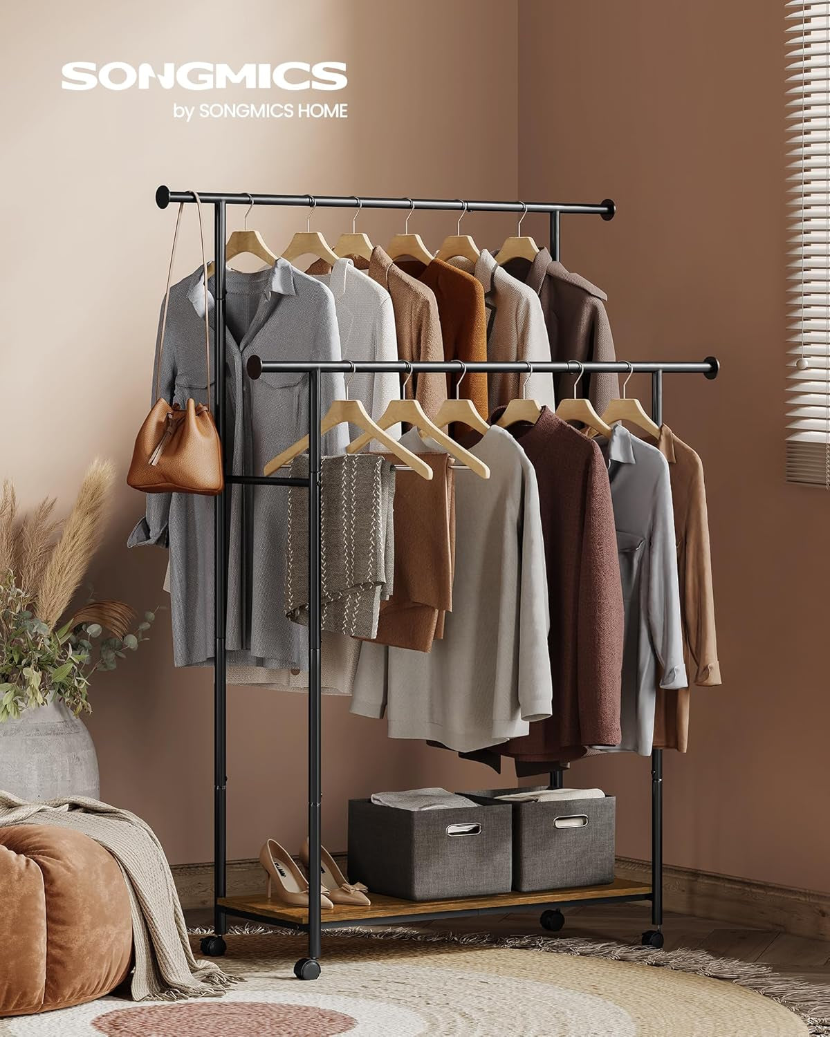 Double-Rod Clothes Rack with Wheels, 38.8 Inches Garment Rack with Shelf for Hanging Clothes, Loads up to 220 Lb, for Bedroom, Closet, Rustic Brown and Ink Black UHSR152B01