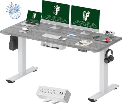 EN2 Whole-Piece Standing Desk with Clamp Power Strip, 60 X 24 Electric Stand up Height Adjustable Desk with Cable Management (White Frame + 60" Gray Wood Grain Desktop, 2 Packages)