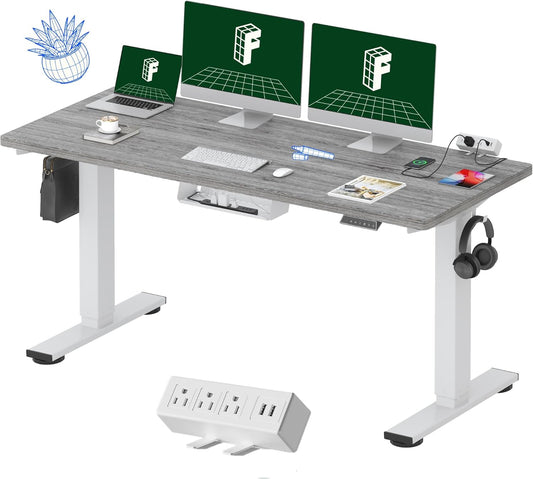 EN2 Whole-Piece Standing Desk with Clamp Power Strip, 60 X 24 Electric Stand up Height Adjustable Desk with Cable Management (White Frame + 60" Gray Wood Grain Desktop, 2 Packages)
