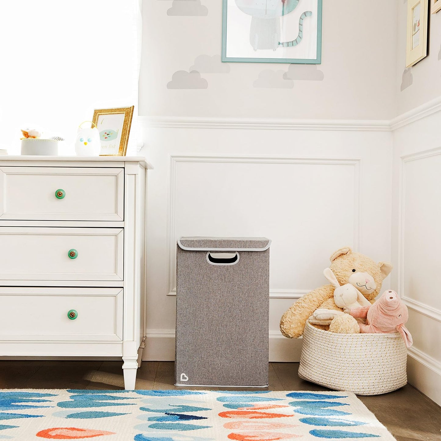 Grey collapsible kids laundry hamper with lid, view 4