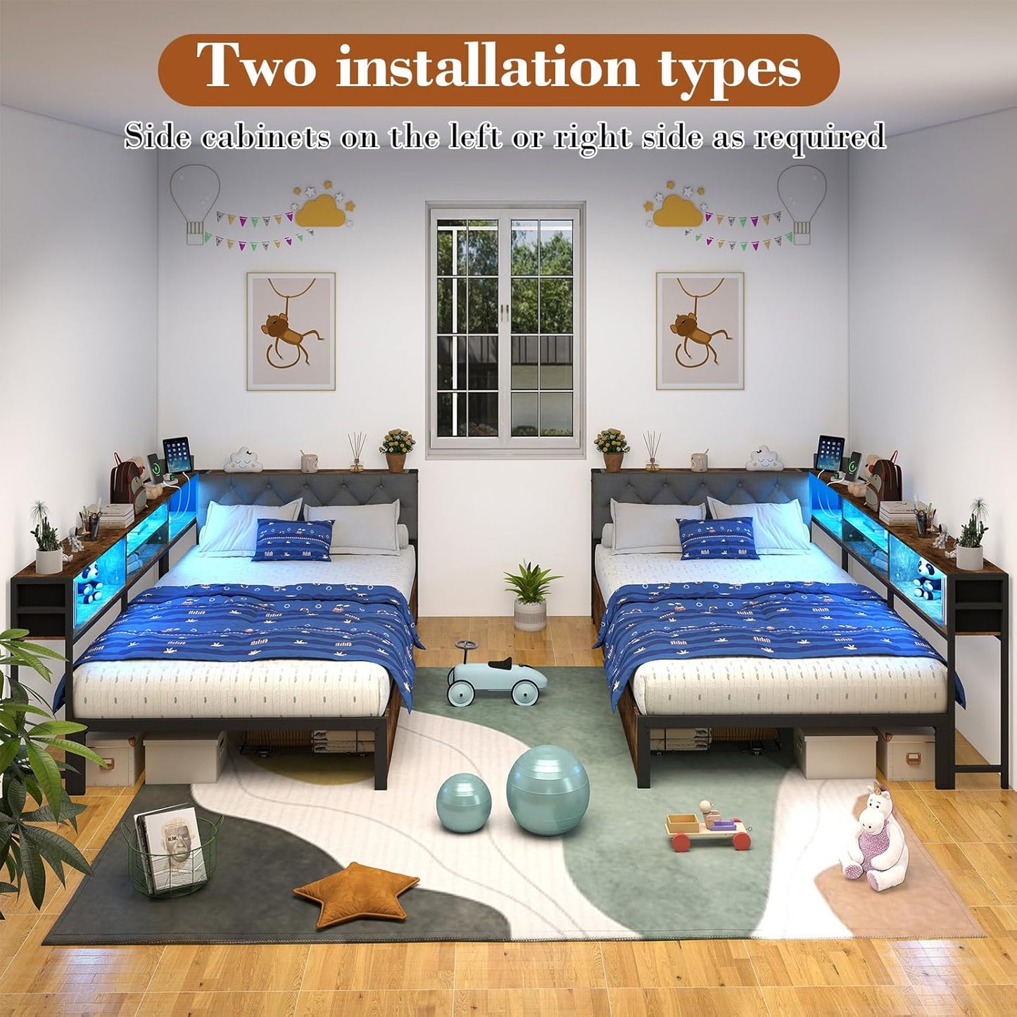 Twin Corner Bed Frame with Storage Bookcase and LED Lights, Twin Size Daybed with 2 Storage Drawers, Upholstered Platform Bed with Headboard and Charging Station, Rustic Brown & Gray