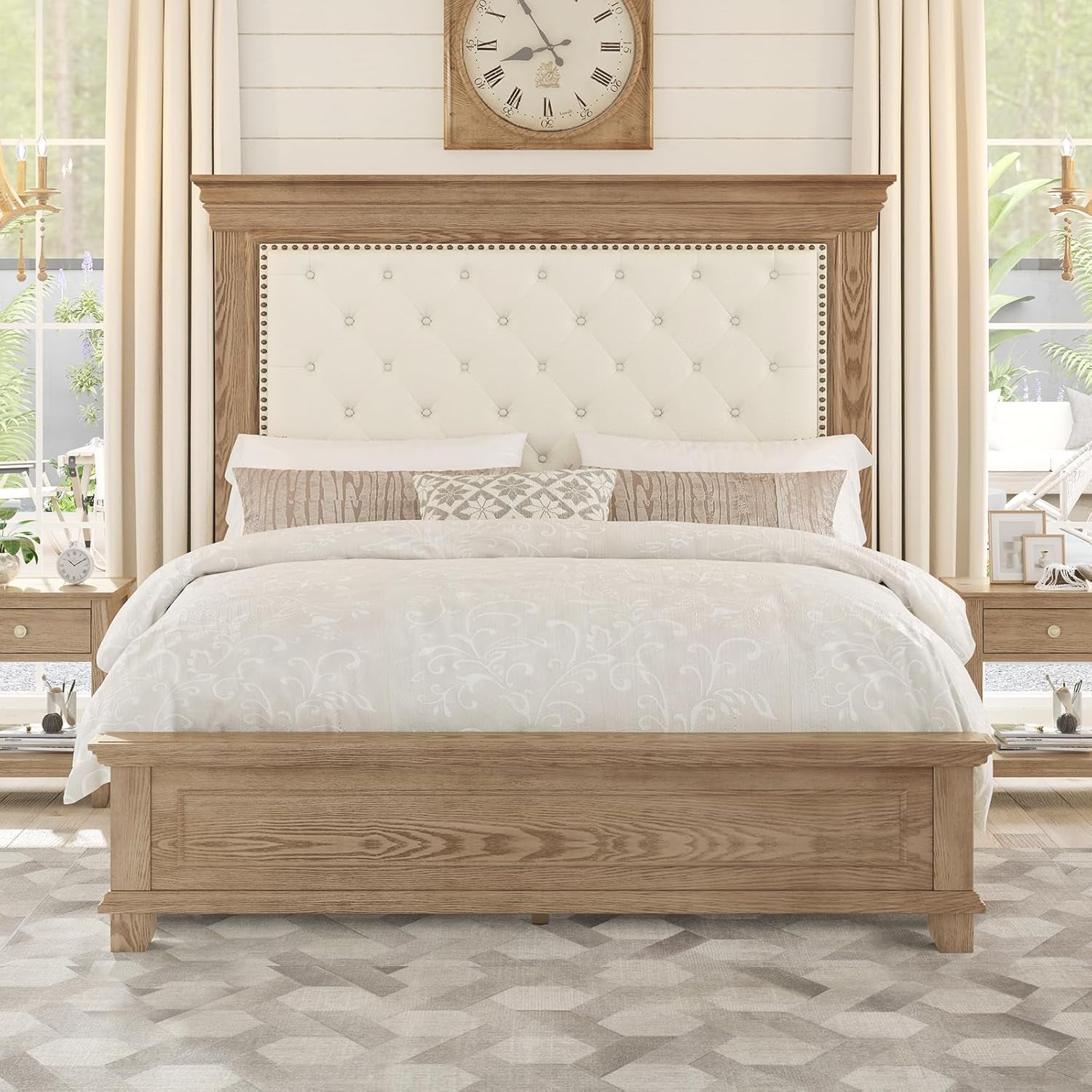 Queen Rustic Solid Wood Bed Frame with 68" Tall Headboard, Farmhouse Chenille Upholstered Panel Platform Bed Mattress Frame, Button Tufted/Antique Brass Nail Trim/No Box Spring Needed, Milk Ash
