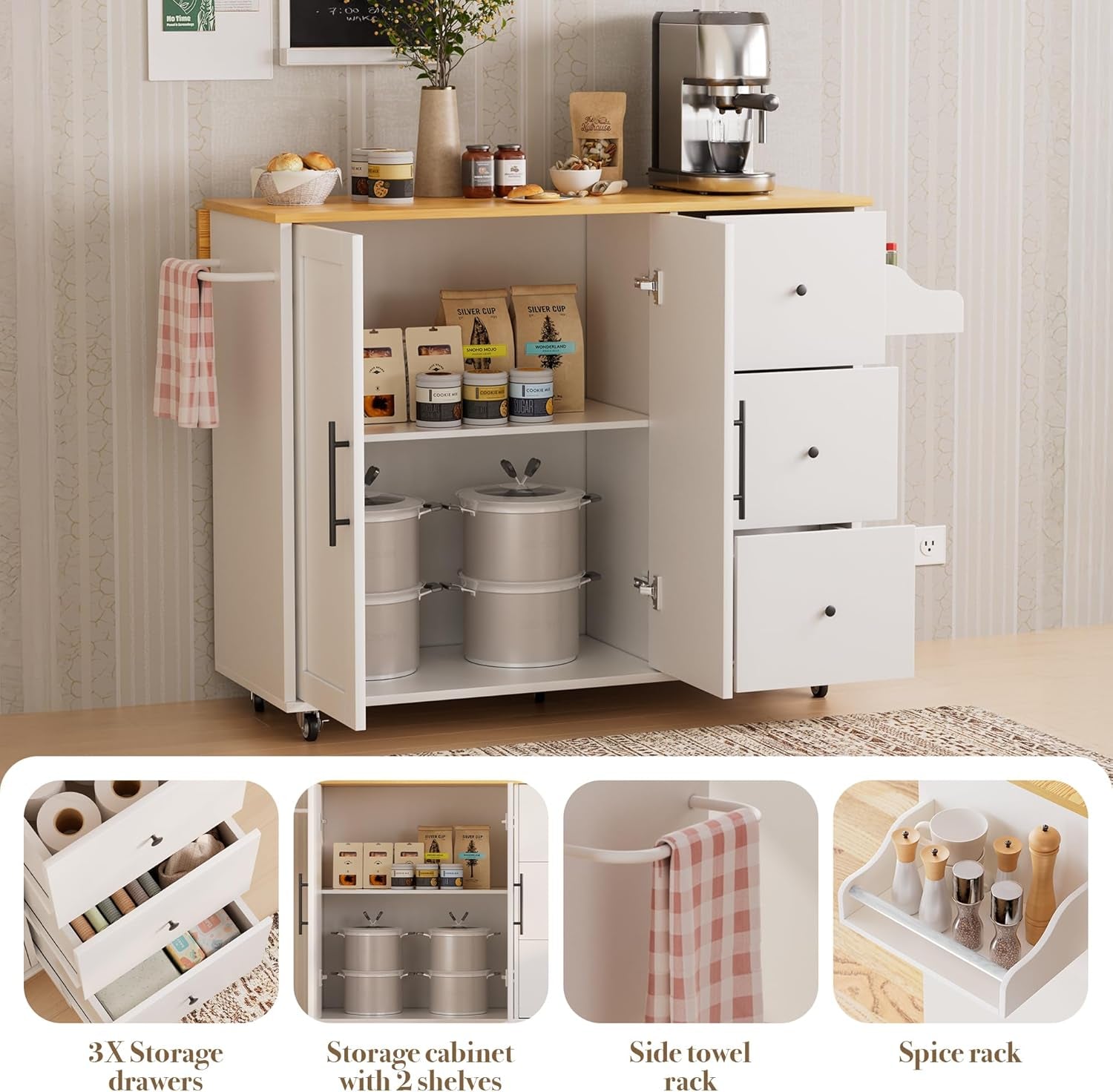 Kitchen Island on Wheels with Storage-Multifunctional Kitchen Island Cart with Drop Leaf, Rolling Island with Spice/Towel Rack,Expandable Island Table Kitchen,39.37" Width,White