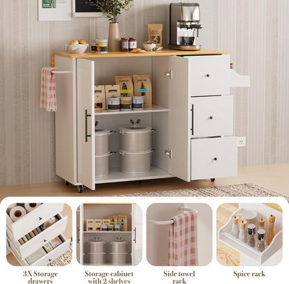 Kitchen Island on Wheels with Storage-Multifunctional Kitchen Island Cart with Drop Leaf, Rolling Island with Spice/Towel Rack,Expandable Island Table Kitchen,39.37" Width,White