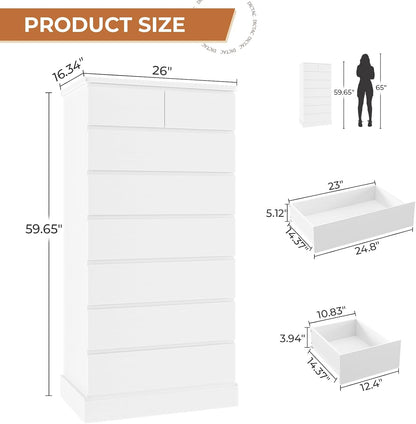 White Tall Dresser for Bedroom with 8 Drawers, 59.6" Tall Dressers & Chests of Drawers, Modern Wood Closet Organizer and Storage Cabinet, Large Vertical Dresser for Bedroom, Closet, Hallway