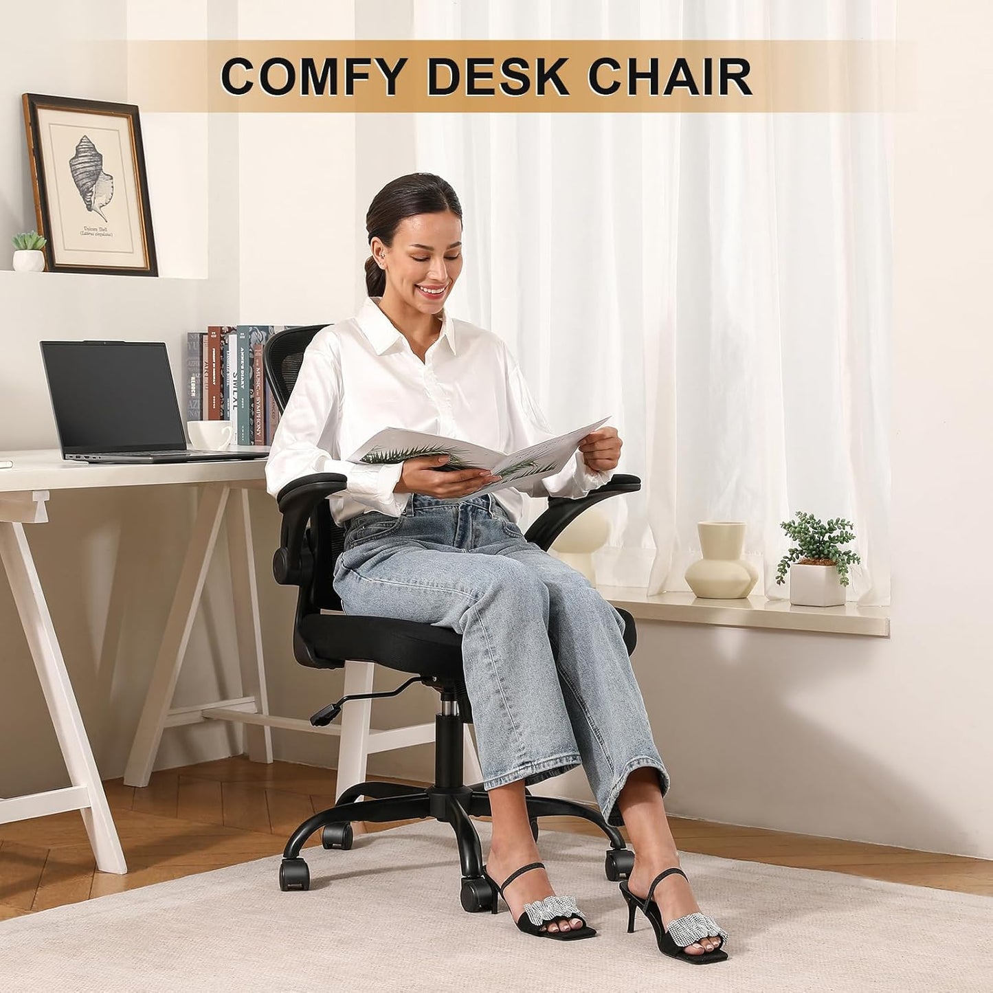 Office Chair, Ergonomic Desk Chairs 330LBS Capacity High Back Mesh Computer Chair with Flip-Up Armrests, Comfy Work Chair with Adjustable Lumbar Support, Rolling Chair