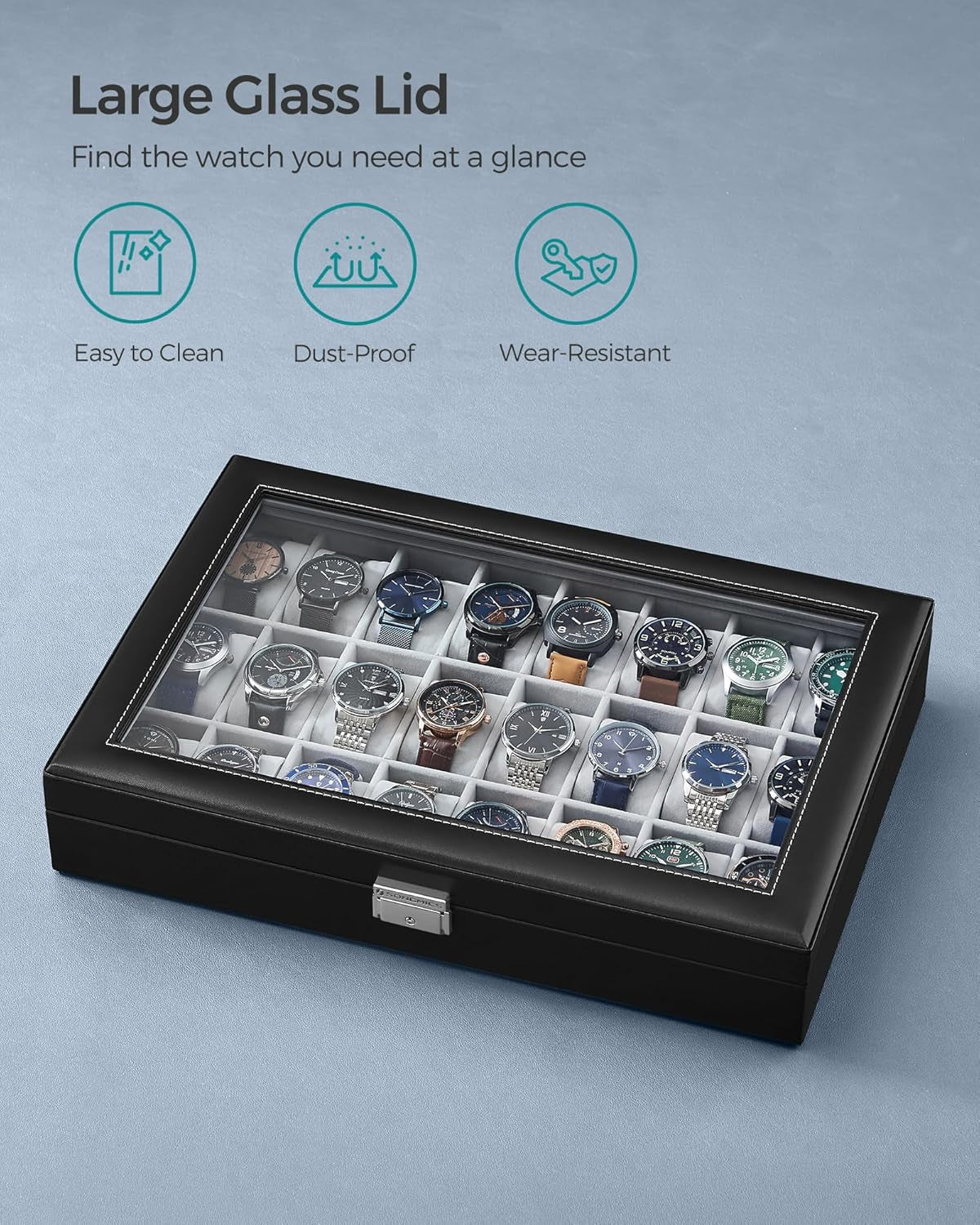 24-Slot Watch Box, Lockable Storage Case with Glass Lid, Ink Black Synthetic Leather, Dove Gray Lining, Gift Idea UJWB024