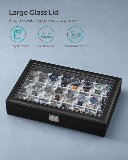 24-Slot Watch Box, Lockable Storage Case with Glass Lid, Ink Black Synthetic Leather, Dove Gray Lining, Gift Idea UJWB024
