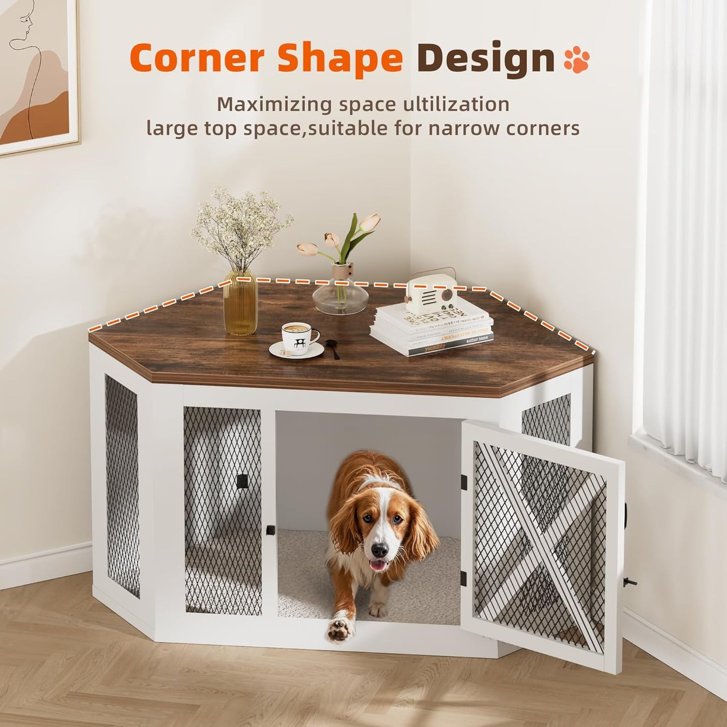Corner Dog Crate Furniture, Wooden Dog Kennel End Table with Mesh, Cage/House for Small Medium Large Dog, Decorative Pet Crate Indoor Use