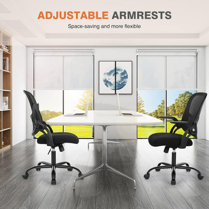 Office Computer Desk Chair, Ergonomic Mid-Back Mesh Rolling Work Swivel Task Chairs with Wheels, Comfortable Lumbar Support, Comfy Flip-Up Arms for Home, Bedroom, Study, Student, Black