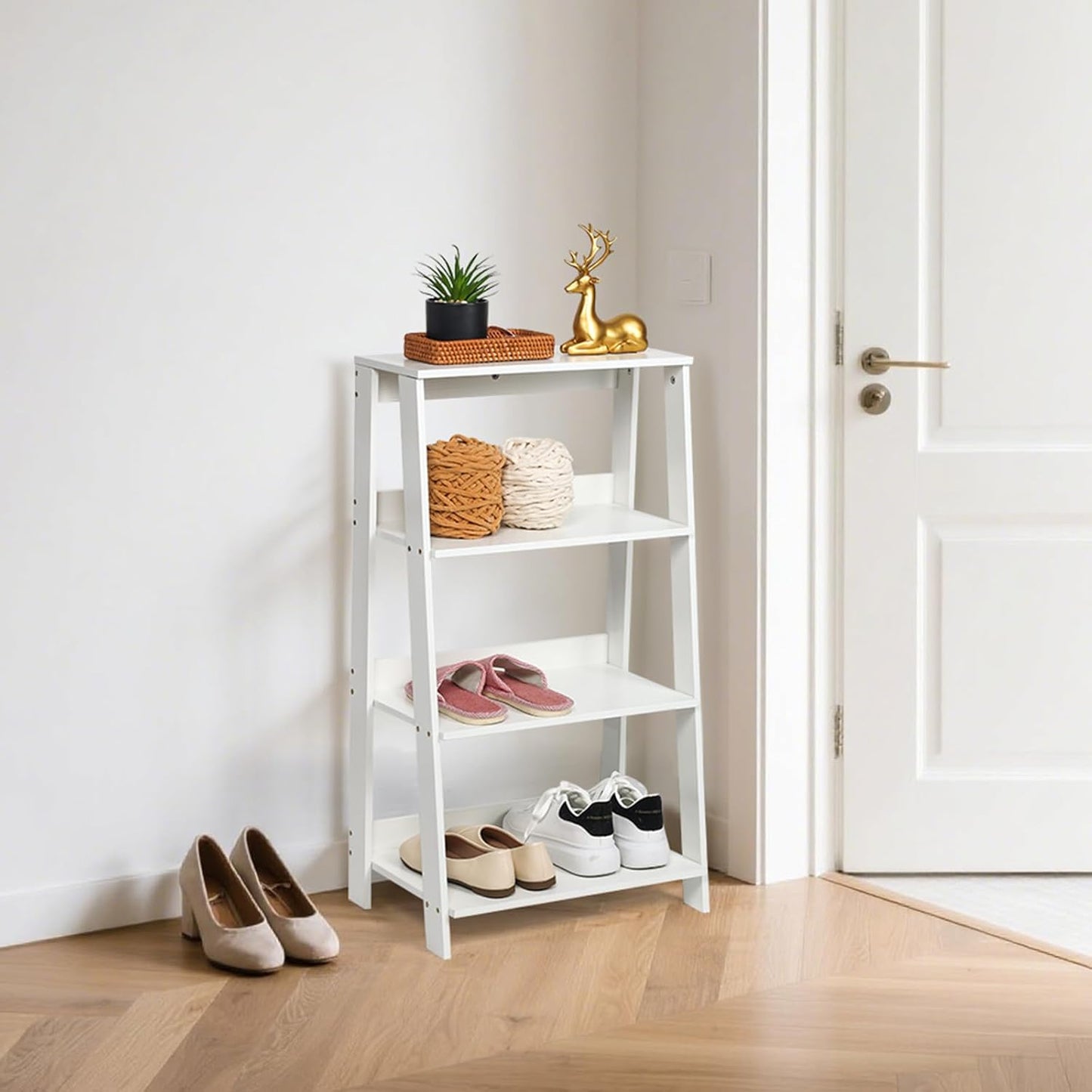 4-Tier Ladder Bookshelf, White Wood Display Storage Rack, Modern A-Frame Bookcase for Living Room Bedroom Office, 33.4H X 19.6W X 11.8D Inches