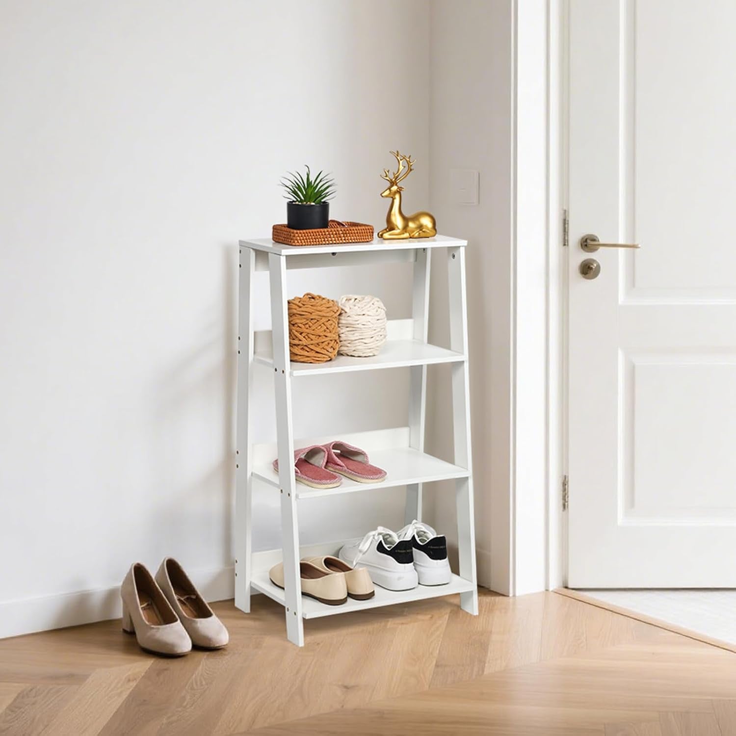 4-Tier Ladder Bookshelf, White Wood Display Storage Rack, Modern A-Frame Bookcase for Living Room Bedroom Office, 33.4H X 19.6W X 11.8D Inches