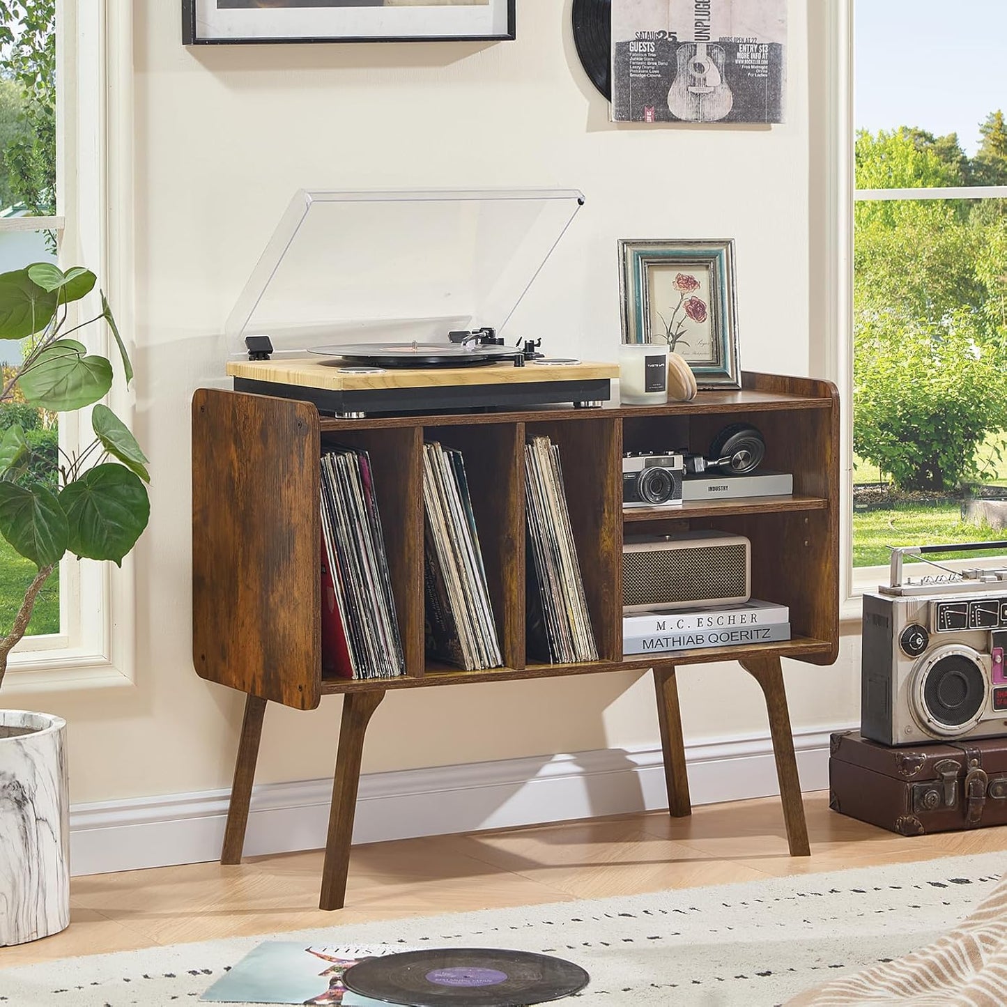Record Player Stand with 4 Cabinet Holds up to 220 Albums, Large Turntable Stand with Beech Wood Legs, Mid-Century Record Player Table,Brown Vinyl Holder Storage Shelf for Bedroom Living Room