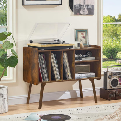 Record Player Stand with 4 Cabinet Holds up to 220 Albums, Large Turntable Stand with Beech Wood Legs, Mid-Century Record Player Table,Brown Vinyl Holder Storage Shelf for Bedroom Living Room
