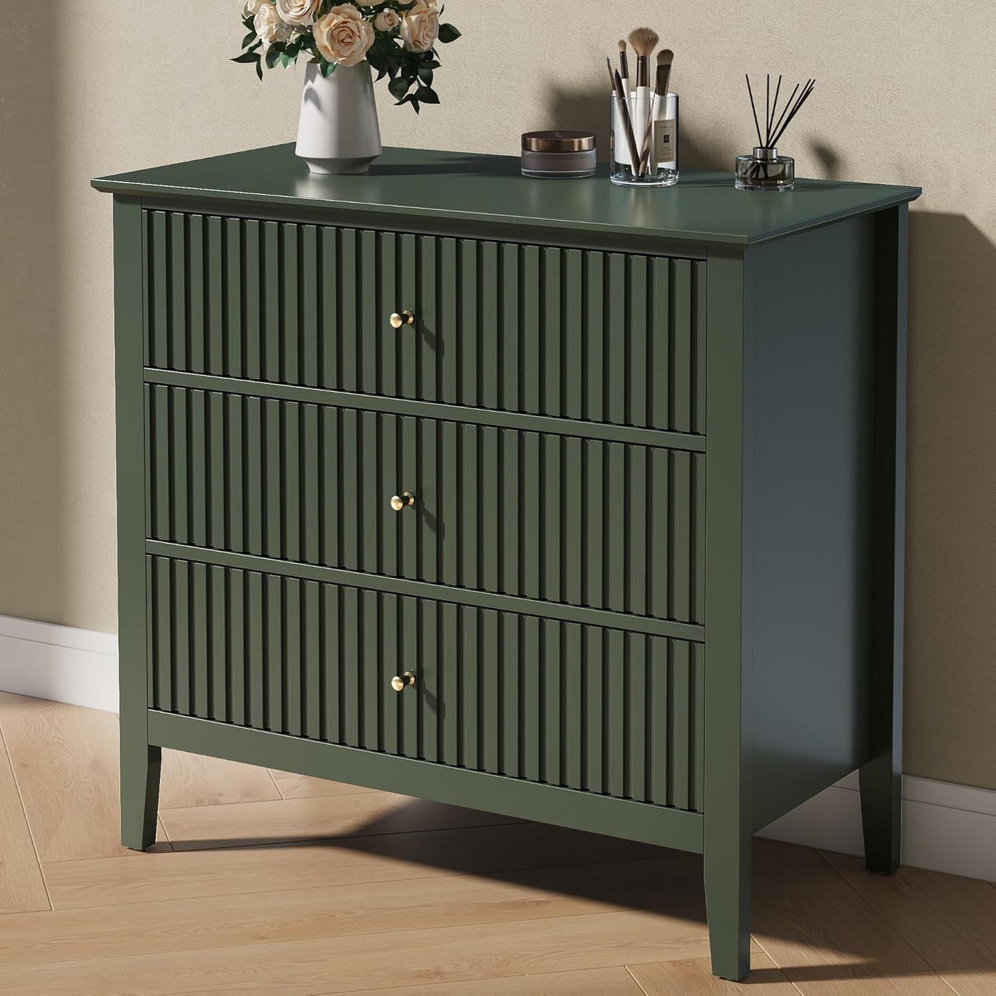 Dark Green Fluted 3 Drawer Dresser, 32 Inch Wide Dresser Nightstand for Bedroom, Modern Wood Chest of Drawers, Large Painted Nightstand with 3 Drawers for Closet, Hallway, Entryway