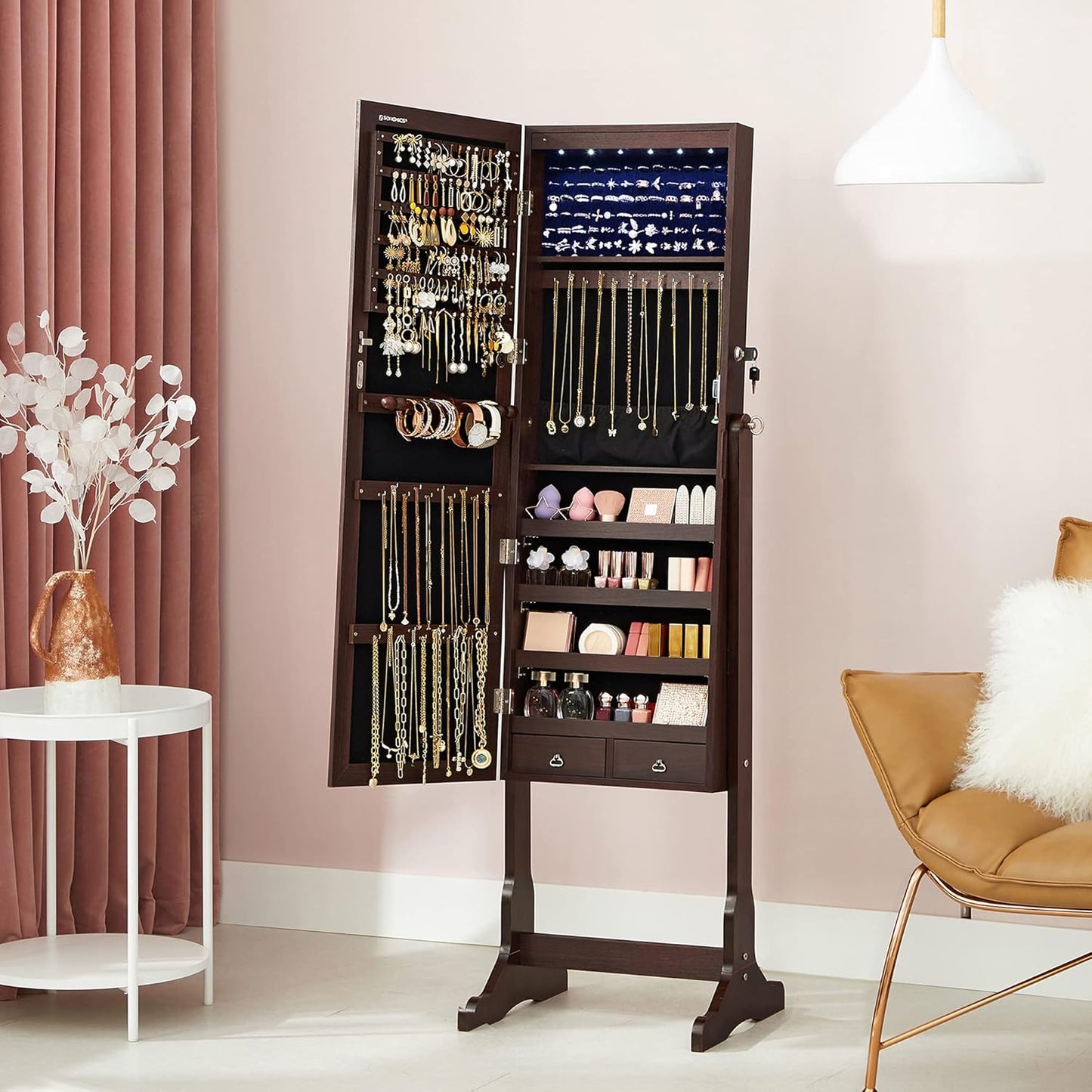 Jewelry Cabinet with 6 LED Lights, Lockable Mirrored Jewelry Armoire Organizer, 2 Drawers, Brown UJJC94K