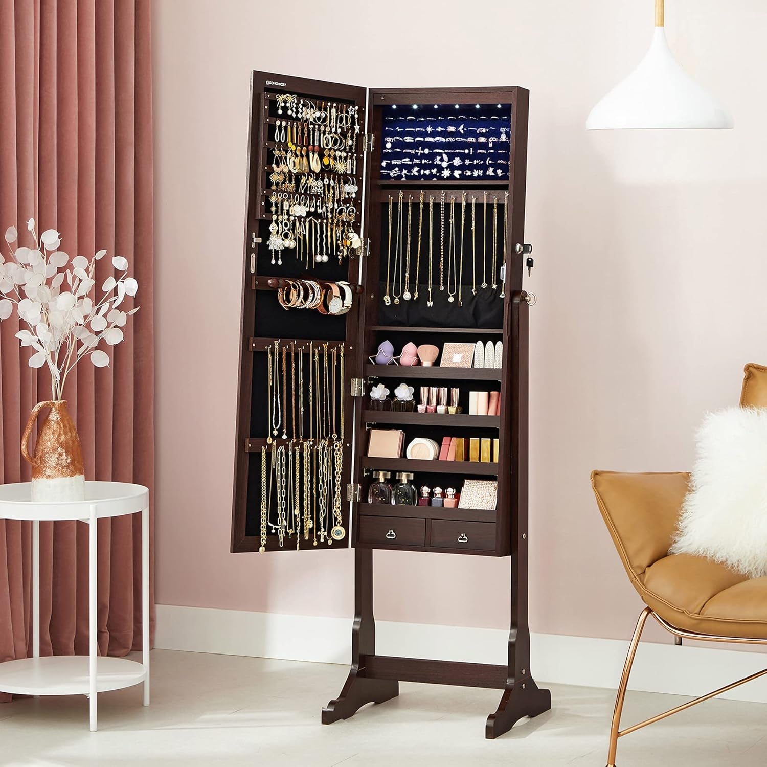 Jewelry Cabinet with 6 LED Lights, Lockable Mirrored Jewelry Armoire Organizer, 2 Drawers, Brown UJJC94K
