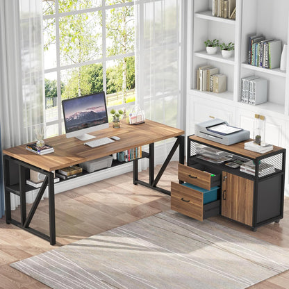 63" Executive with Drawer Cabinet, L Shaped Desk and Lock Lateral File Cabinet, 2 Piece Home Office Furniture Set with Drawers for Hanging File, (Brown, 63 Inches)