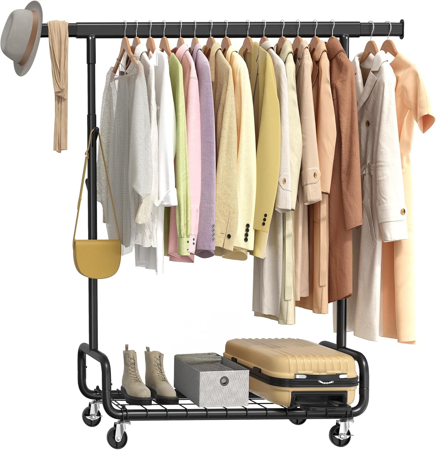 Clothes Rack, Heavy-Duty Rolling Clothing Garment Rack with Wheels, Extendable Double Hanging Rods and Adjustable Height, Portable, with Shelf and Hooks, Ink Black UHSR015B01