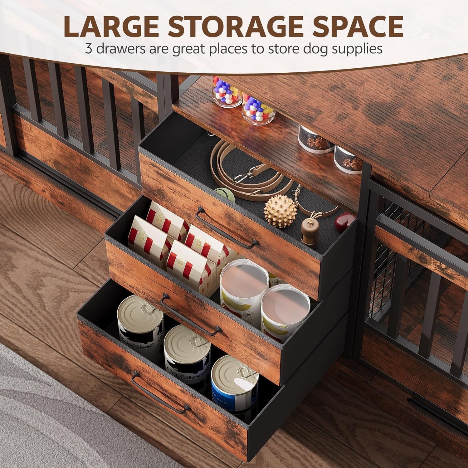 86.61" Large Double Dog Crate Furniture with Storage Drawers Farmhouse Dog Kennel TV Stand Indoor for 2 Large Medium Dogs Decorative Dog Cage with Sliding Door Power Outlets Brown