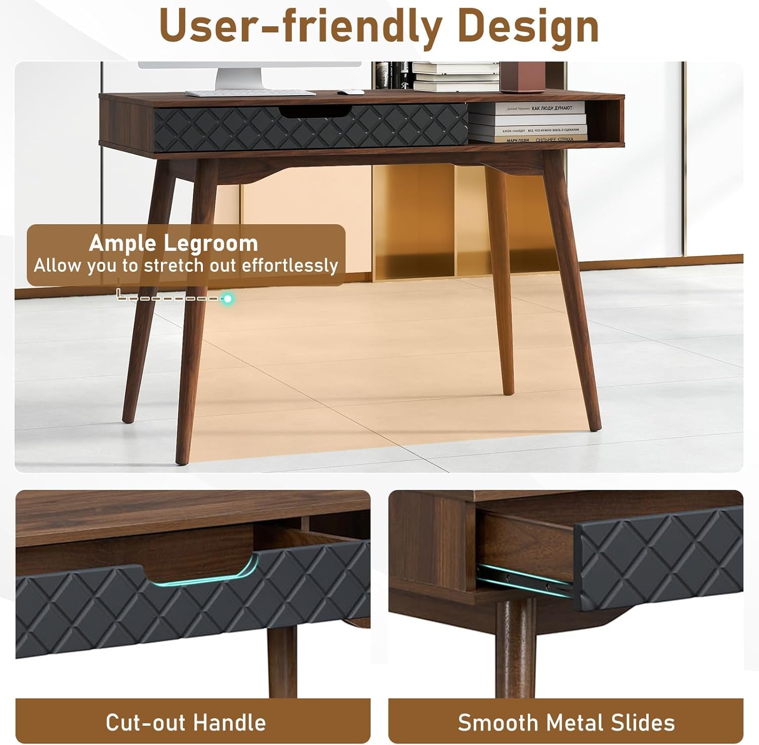 Mid-Century Modern Computer Desk, Home Office Desk W/Drawer & Open Compartment, Laptop PC Desk W/Rubber Wood Legs, Makeup Vanity Table, Vintage Writing Desk Workstation for Study, Bedroom