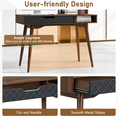 Mid-Century Modern Computer Desk, Home Office Desk W/Drawer & Open Compartment, Laptop PC Desk W/Rubber Wood Legs, Makeup Vanity Table, Vintage Writing Desk Workstation for Study, Bedroom