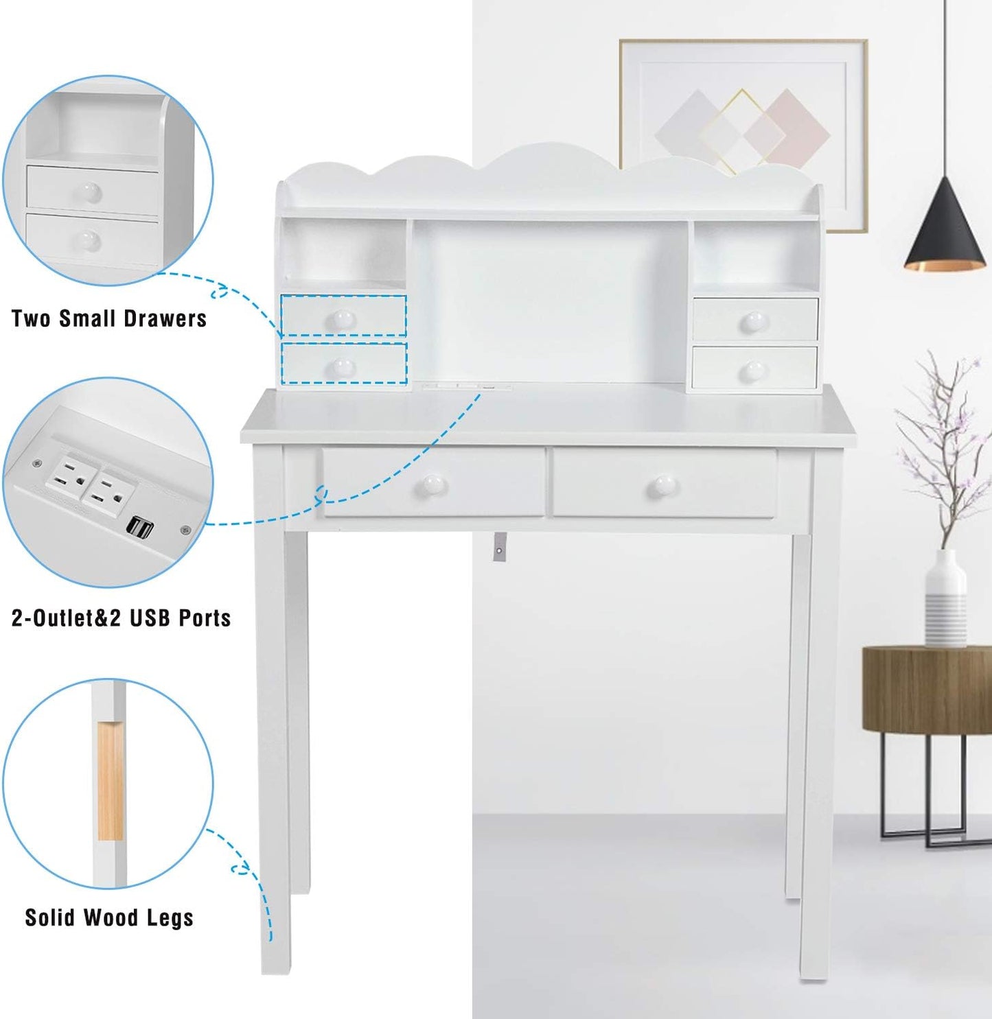 Small White Writing Desk with Hutch and USB Ports, 31.5 Inch Home Office Desk with Drawers, Study Table for Kids/Student, Makeup Dressing Table save Space Gifts