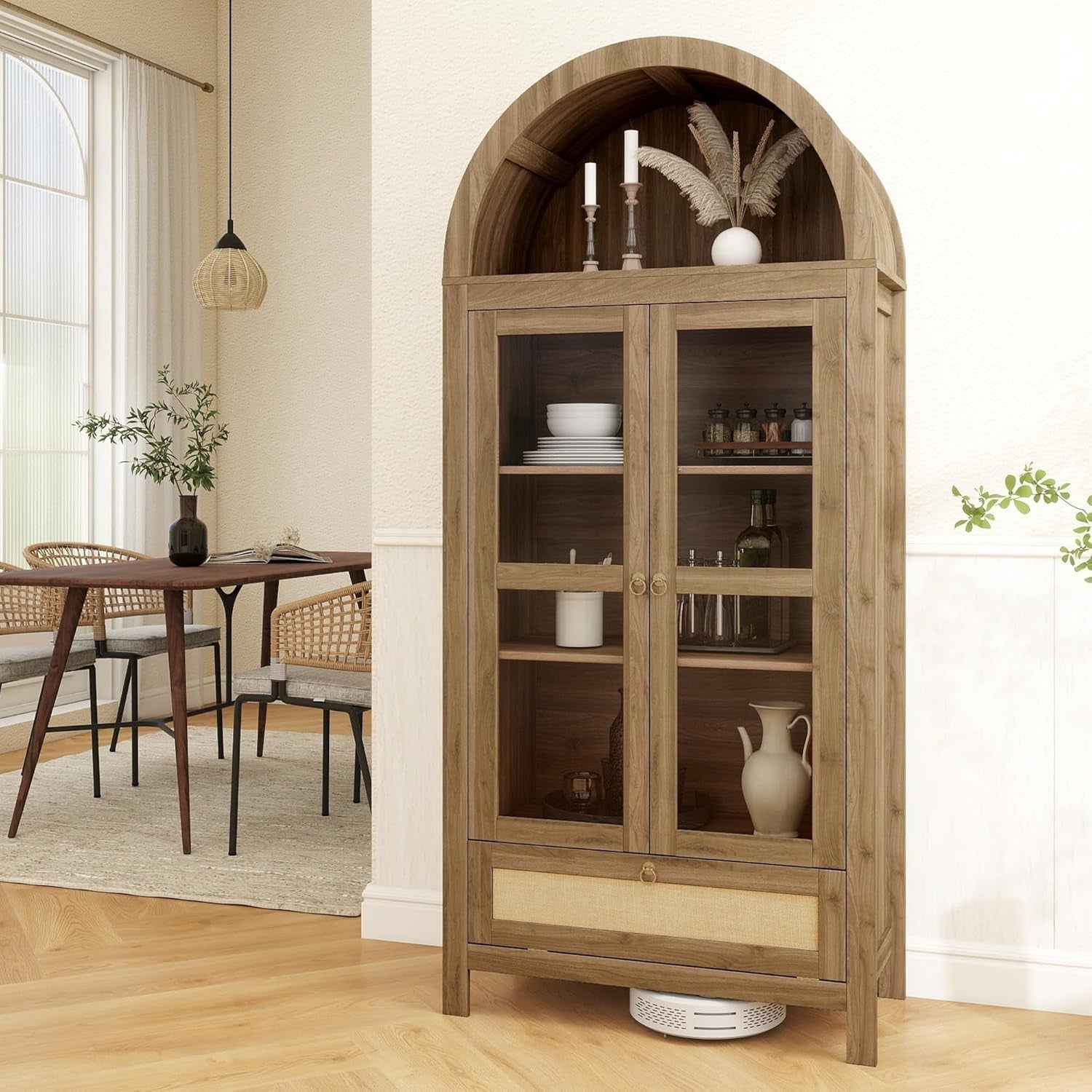 71" Tall Arched Pantry Cabinet with Innovative Drawer, Kitchen Cabinet with Anti-Tipping Device and Glass Door, Versatile Cupboard for Kitchen, Dining, Natrual