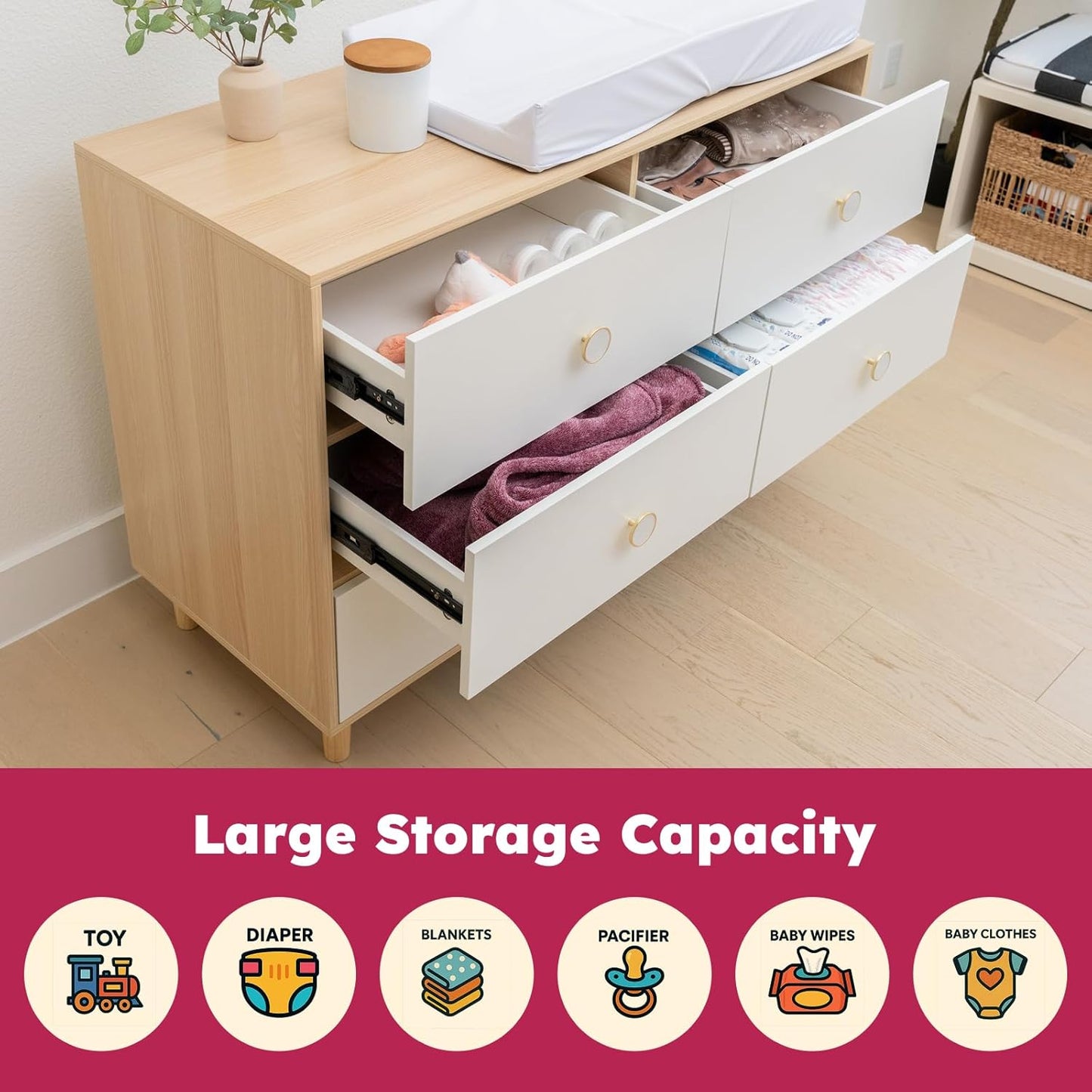 Baby Dresser for Nursery, Kids, and Bedroom – 6 Drawer White Wood Dresser with Solid Wood Legs, Storage for Clothes and Baby Essentials, White