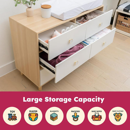 Baby Dresser for Nursery, Kids, and Bedroom – 6 Drawer White Wood Dresser with Solid Wood Legs, Storage for Clothes and Baby Essentials, White