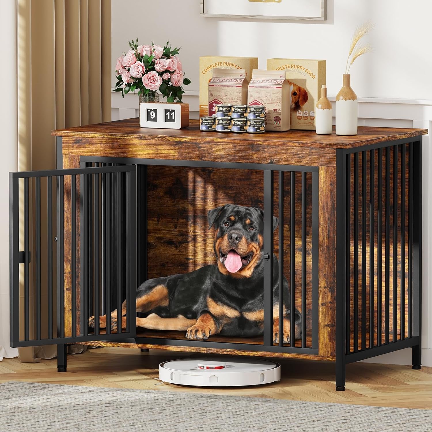 Dog Crate Furniture for 1 or 2 Dogs, Heavy Duty Single/Double Dog Crates for Small/Medium/Large Dogs, Dog Kennel Furniture Indoor as TV Stand, Extra Large Size 47.24" L(65-92 Pounds), Brown