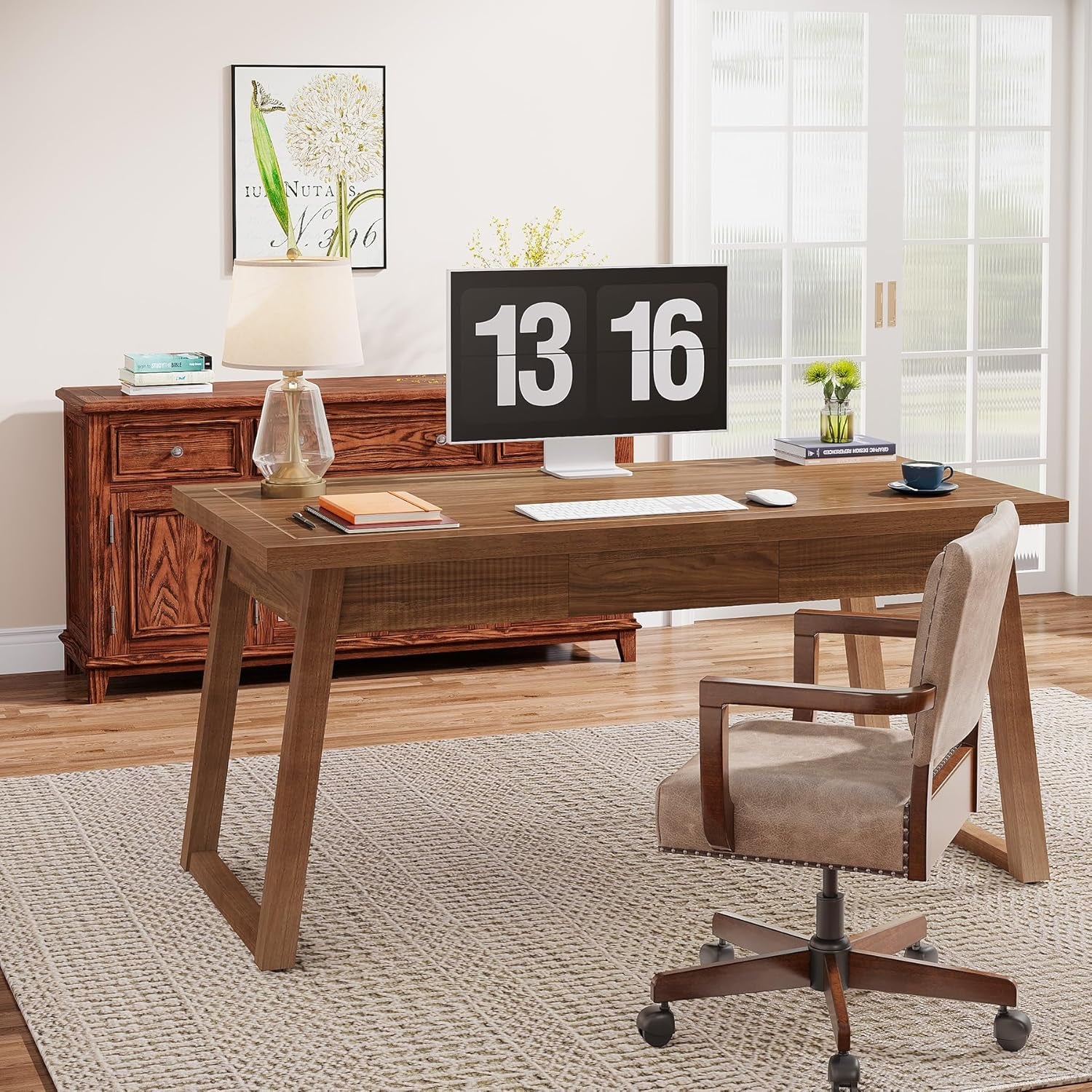 Home Office Executive Desk: 55 Inches Wooden Computer Desk with Drawer, Mid-Century Modern Study Writing Table, Rustic PC Laptop Desk Workstation Furniture, Walnut Brown