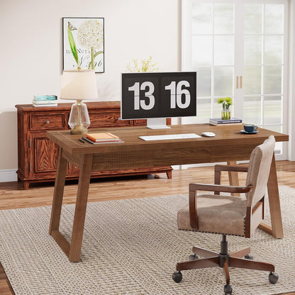 Home Office Executive Desk: 55 Inches Wooden Computer Desk with Drawer, Mid-Century Modern Study Writing Table, Rustic PC Laptop Desk Workstation Furniture, Walnut Brown