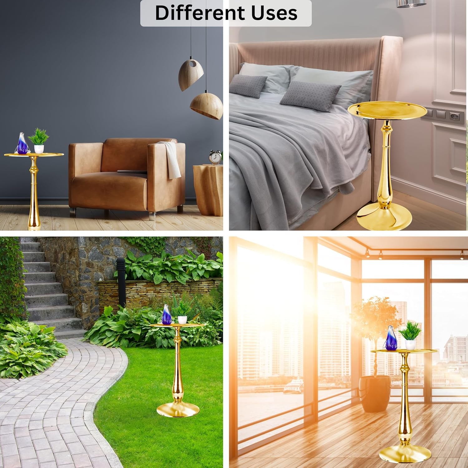 Gold round End Table – Modern Metal Accent Side Table with Embossed Top & Pedestal Base for Living Room, Bedroom, Entryway or Hallway, Electroplated Aluminum Design