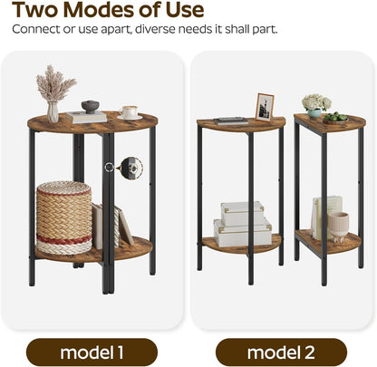 Side Table, Small End Table Set of 2, Half round Side Table, Half Moon Table, 2-Tier Narrow Sofa Table, Nightstand with Open Sheleves, Entryway Table for Living Room, Rustic Brown ET07L2BR