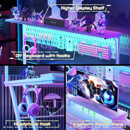 Gaming Computer Desk with Power Outlets, Gaming Desk with Hutch and LED Lights, Reversible PC Gaming Desk with Pegboard, Carbon Fiber Pink, 47"