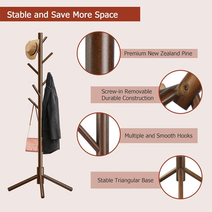 Wooden Coat Rack, Free Standing Coat Rack with 8 Hooks 3 Adjustable Heights for Clothes, Hats, Handbags, Coat Tree Easy Assembly for Entryway, Bedroom, Hallway, Office (New Brown)