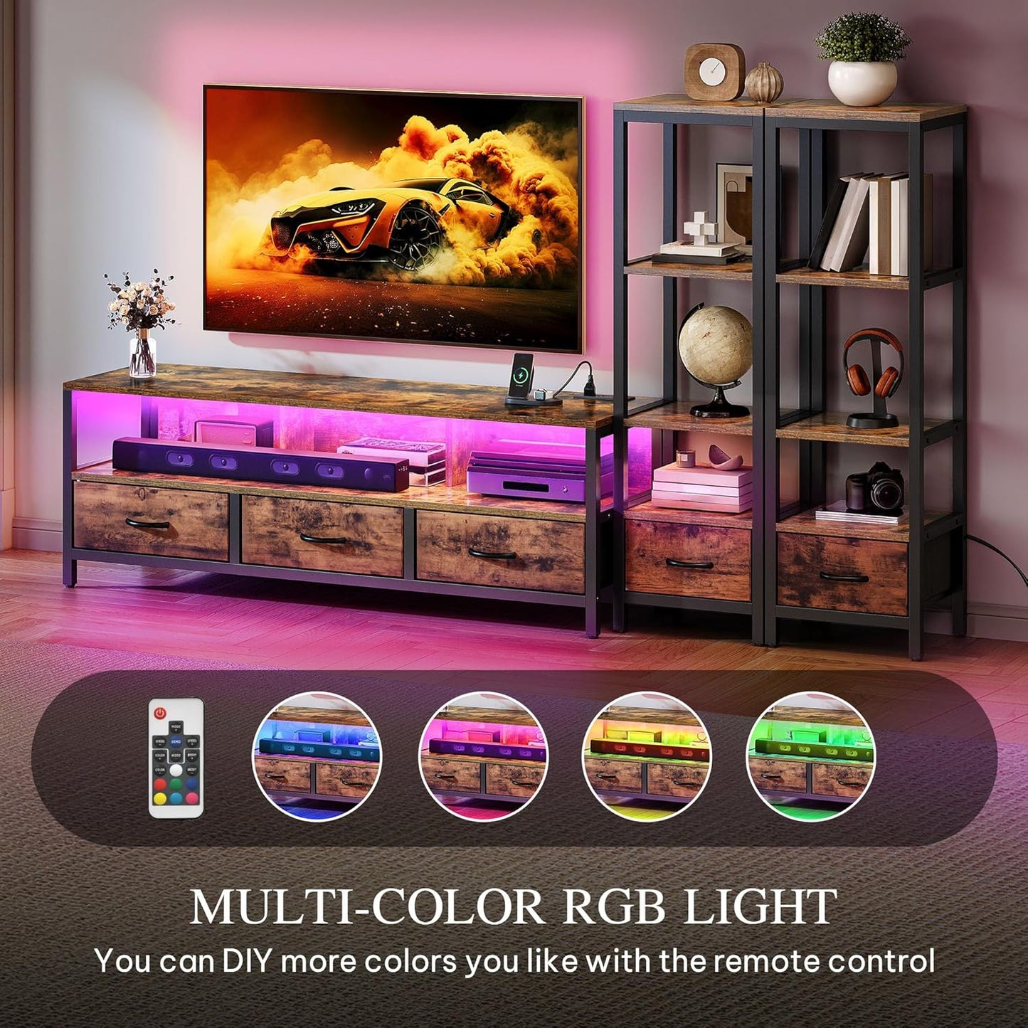 TV Stands for 65 Inch TV Entertainment Center with 2 Industrial 4-Tier Bookshelves, LED TV Stands for Living Room, Modern Farmhouse TV Console Cabinet with Power Outlets, Rustic Brown