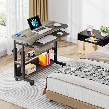 Portable Desk with Power Outlets, Height Adjustable Side Table Sofa Couch Bedside Laptop Computer Cart with USB Charging Ports, Mobile Small Standing Desk with Keyboard Tray