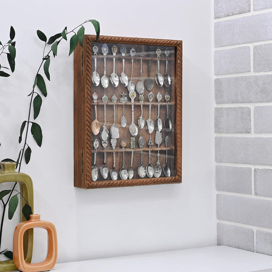 Wooden 30-Souvenir Spoon Display Case Cabinet, Wall-Mounted Tea Spoon Rack with Tempered Glass Door Suitable for Collection Display, Brown Color, 13.4W X 2.6D X 15.7H In